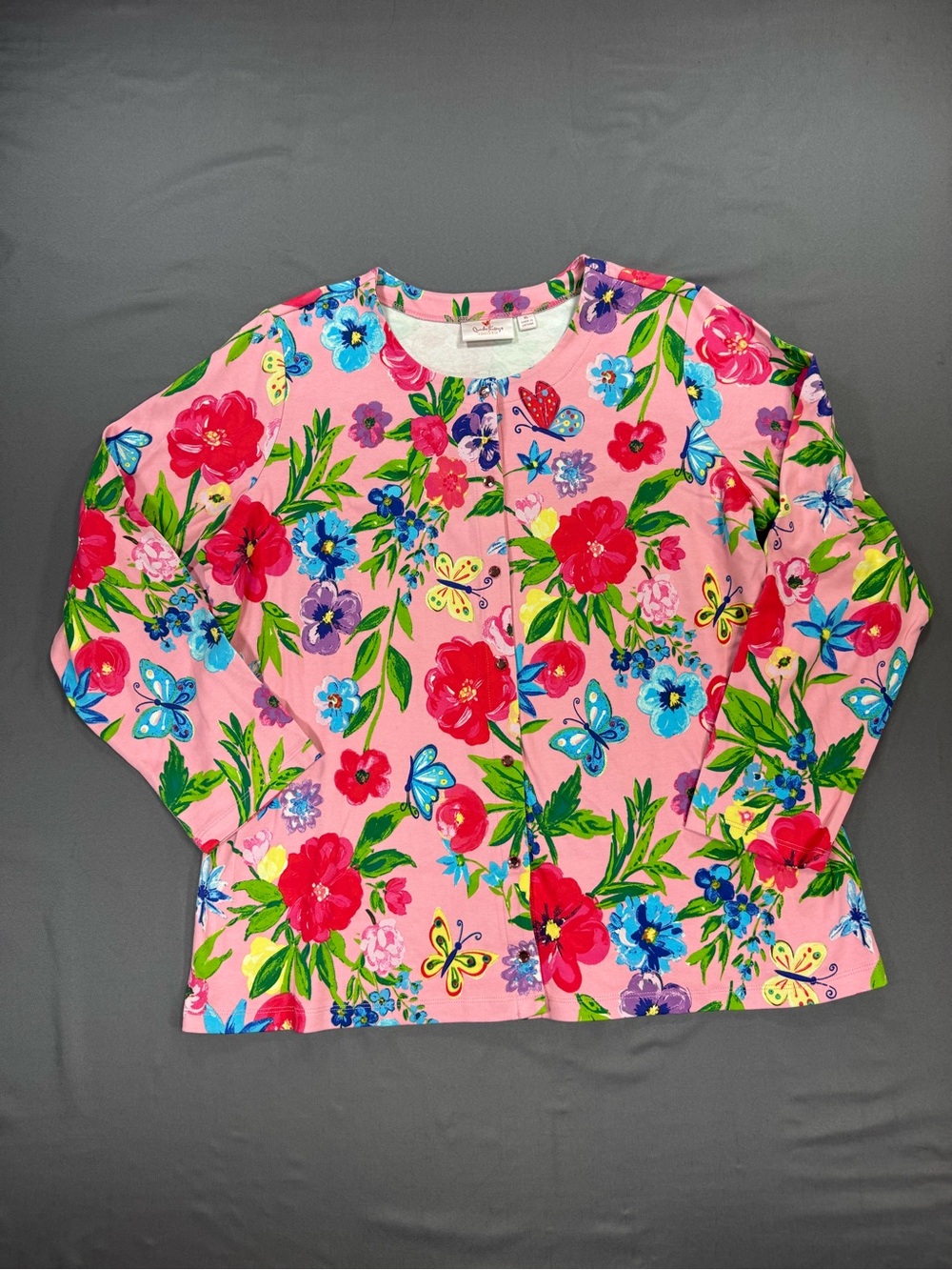 Quacker Factory Pink Floral Butterfly Snap Front Jacket - Picture 2 of 7